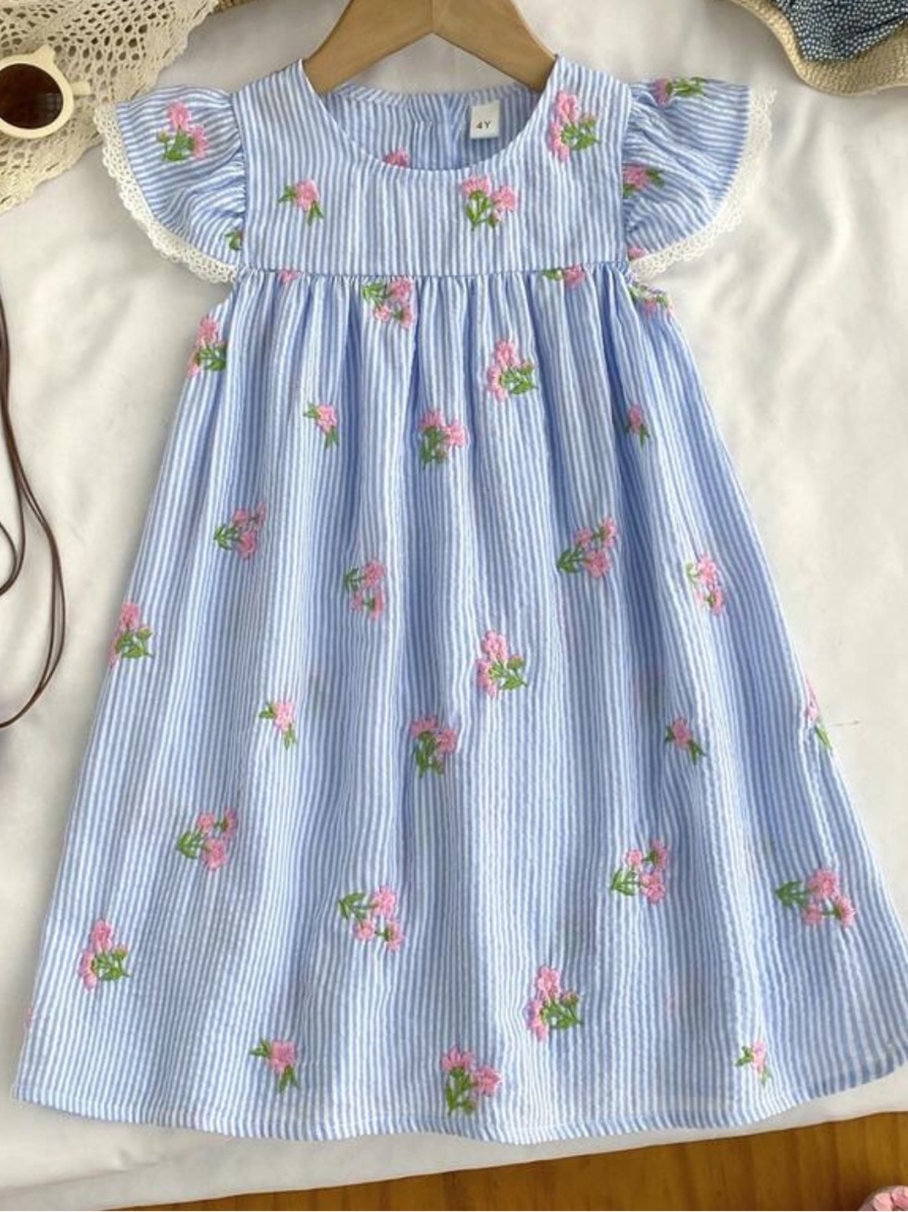 Toddler Blue White Seersucker Embroidered Pink Flowers Lace Ruffle Sleeve Dress